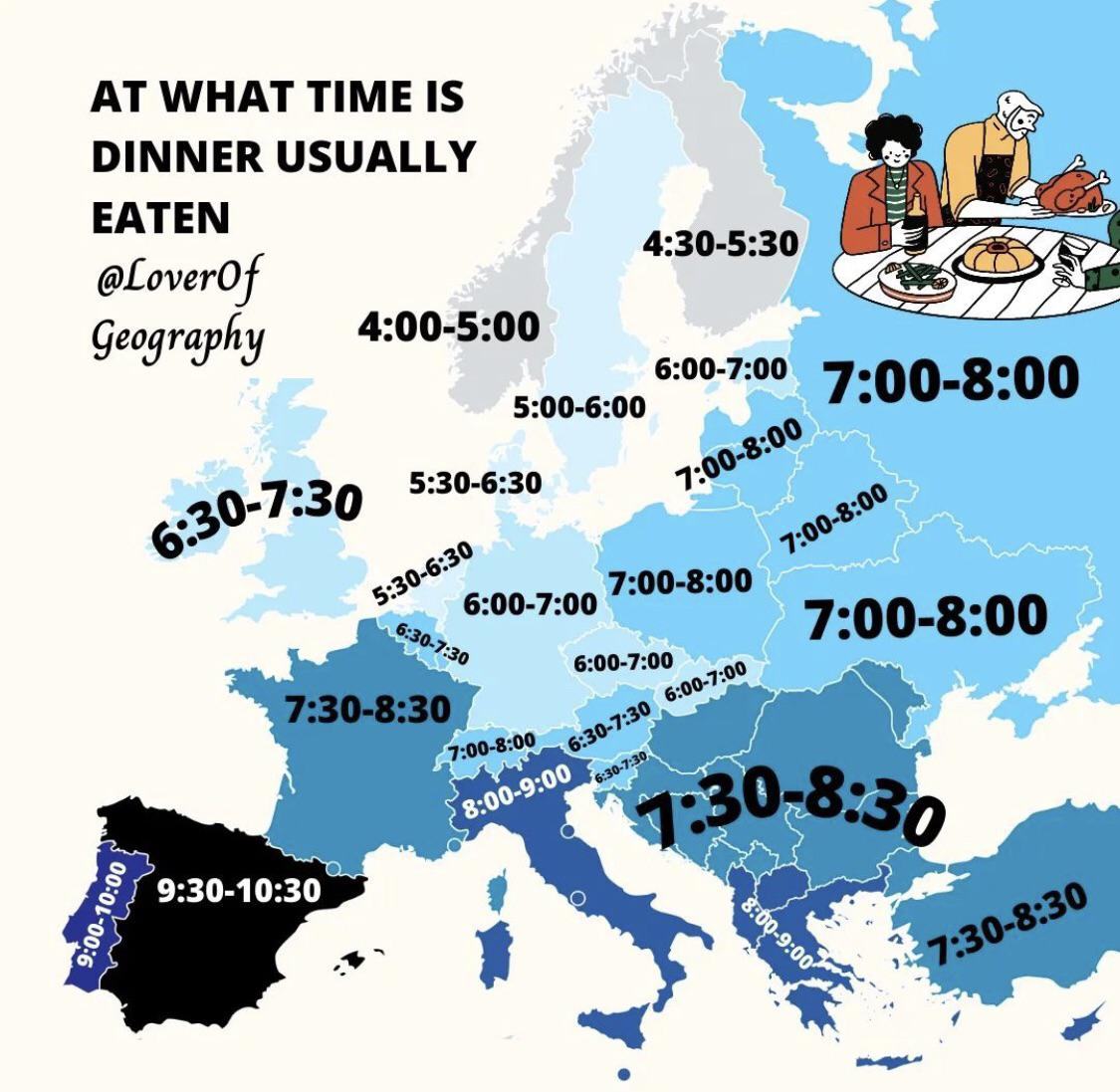 Obrázek At what time is dinner usually served in Europe