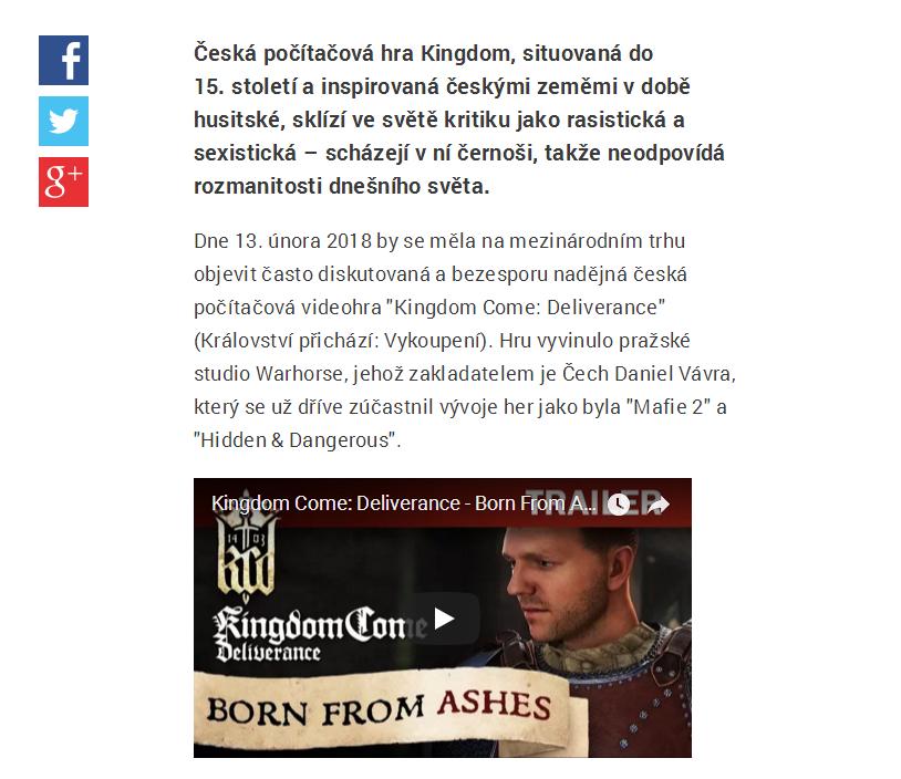 Obrázek Kingdom Come je rasisticka hra