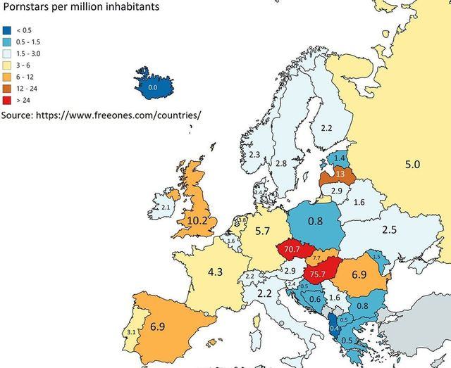 Obrázek Pornstars per million inhabitants in Europe