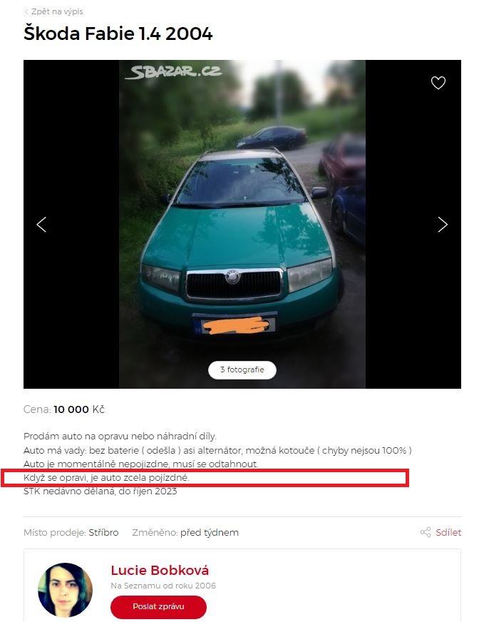 Obrázek inzerat - kdyz se auto opravi tak je zcela pojizdne