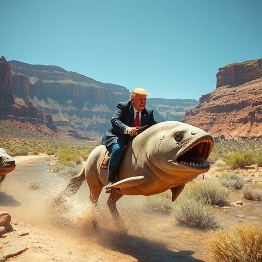 Obrázek trump riding fish through utah